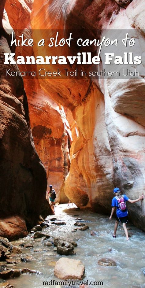 Squeeze your family through a slot canyon in Kanarraville Falls, Utah. Near Bryce and Zion, don't miss this easy morning or afternoon hike with your family. #outdoorfamily #VisitUtah Winter Vacation Packing, Winter Vacation Packing List, Utah Roadtrip, Packing List Kids, Family Hike, Utah Hiking, Kanab Utah, Travel Utah, Utah Trip