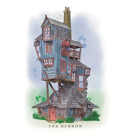 Harry Potter Building Drawings, The Burrow Harry Potter Drawing, The Burrow Painting, Harry Potter Realistic Drawing, Weasley House The Burrow, The Burrow Drawing, Hagrids Hut Drawing, Harry Potter Sketches, Harry Potter The Burrow