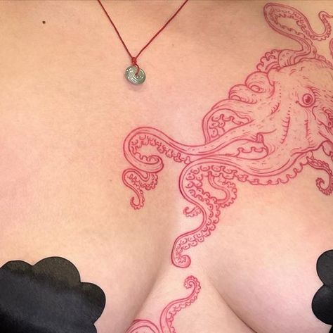 Caleb Colpitts on Instagram: "I mostly work with black ink. But here’s an exception! Thanks Jessica! . @luckysnoho . #dsrupttt #redinktattoo #redtattoo #ttt #tttism #finelinetattoo #torsotattoo #octopustattoo #octopus #redlinetattoo #arteobscurae #contemporarytattoo #newtattoo #bostontattooartist" Red Octopus Tattoo, Small Octopus Tattoo, Sea Tattoos, Tattoo Octopus, Torso Tattoos, Octopus Tattoos, Red Octopus, Sea Tattoo, Red Ink Tattoos