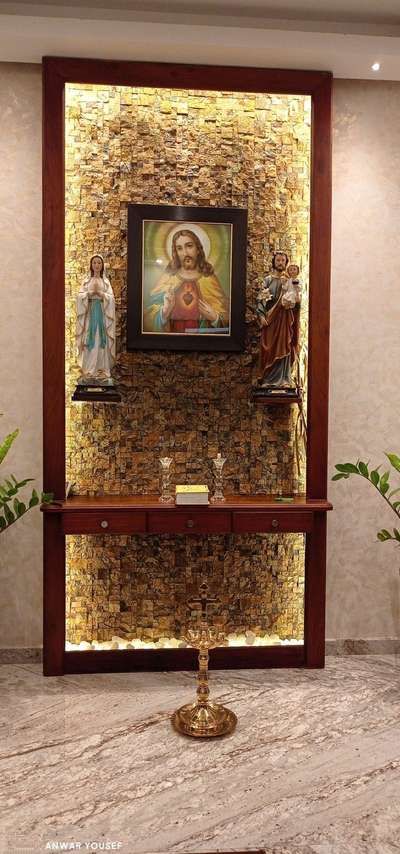 Prayer Room Designs by Civil Engineer Nidhin Ponnakkampadan, Malappuram | Kolo Small Altar Design Home Catholic, Christian Altar Ideas For Home, Modern Altar Design Home Catholic, Catholic Altar Home Ideas, Home Altar Catholic Beautiful, Home Altar Ideas, Small Altar Ideas, Wall Altar Ideas Catholic, Catholic Home Altar Ideas Living Rooms