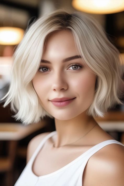 Short Blonde Bob with Subtle Waves, haircut for round face White Blonde Bob, Bobbed Hairstyles With Fringe, Platinum Blonde Bobs, Short Blonde Bobs, Hairdo Wedding, Cool Short Hairstyles, Faded Hair, Round Face Haircuts, Hairstyles For Round Faces