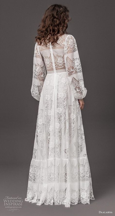 Weddinginspirasi.com featuring - daalarna 2020 bridal long bishop sleeves jewel neck full embellishment romantic bohemian modified a line wedding dress lace button back sweep train (6) bv -- Daalarna 2020 Wedding Dresses #wedding #weddings #bridal #weddingdress #weddingdresses #bride #fashion #collection:Rebelle #label:Daalarna #week:282019 #year:2020 ~ Modified A Line Wedding Dress, A Line Wedding Dress Lace, Secret Stories, Romantic Wedding Dress Lace, Boho Wedding Dress Bohemian, Simple Wedding Gowns, Wedding Inspirasi, Lace Wedding Dress With Sleeves, Royal Wedding Dress