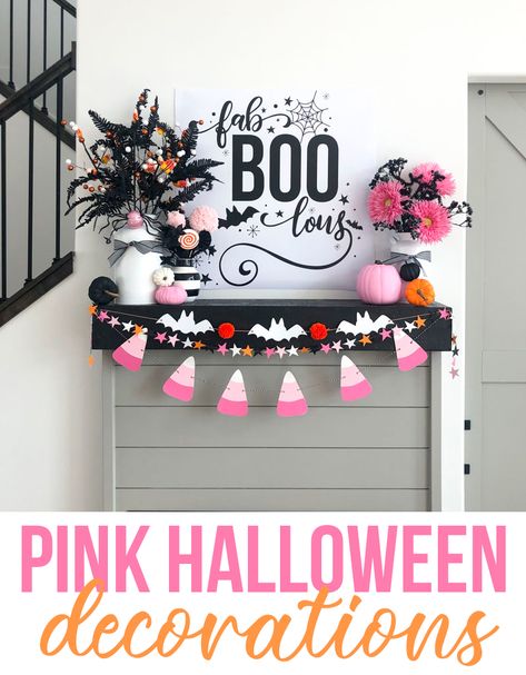 Pink Halloween Decor by Lindi Haws of Love The Day Pink Halloween Decor, Halloween Decor Diy, Halloween Mantel, Halloween Backdrop, Halloween Tattoo, Shower Bebe, Birthday Halloween Party, Halloween Poster, Theme Halloween