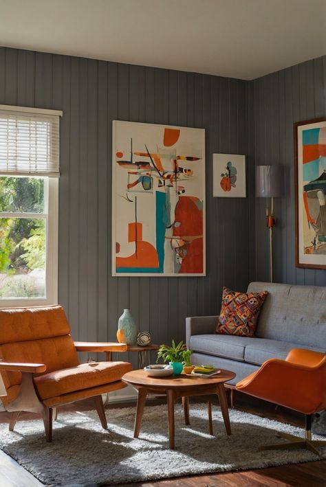 Step into a retro wonderland with Sherwin Williams Modern Gray. Discover how to infuse mid-century cool into your space. #ad     #Colortrend #wallpaint2024  #color2024  #DIYpainting  ##DIYhomedecor  #Fixhome Sherwin Williams Retro Colors, Sherwin Williams Mid Century Modern, Mid Century Modern Paint Colors Colour Palettes Interior Design, Whole House Color Palette Mid Century Modern, Midcentury Modern Paint Palette, Midcentury Modern Color Palette Sherwin Williams, Sherwin Williams Modern Gray, Mid Century Modern Paint, Mid Century Modern Flooring