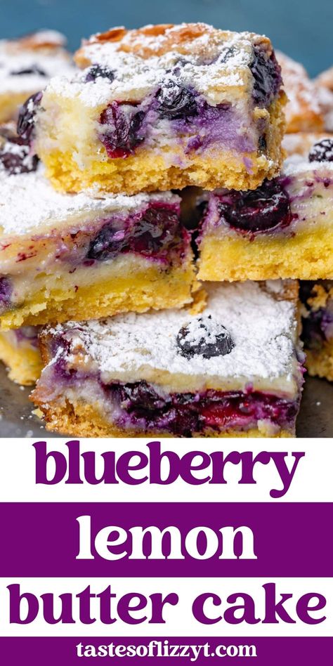 Only 10 minutes prep for this Blueberry Lemon Gooey Butter Cake. Semi-homemade dessert with blueberries and a sprinkle of powdered sugar. Lemon Gooey Butter Cake, Dessert With Blueberries, Box Lemon Cake, Cinnamon Roll Recipe Homemade, Gooey Butter, Homemade Recipes Dessert, Cake Cheesecake, Gooey Butter Cake, Homemade Dessert