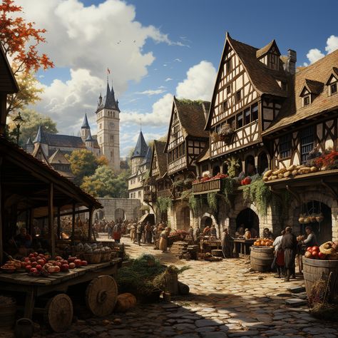 Medieval Town Aesthetic, Fantasy Town Aesthetic, Fantasy Town Art, Kingdom Village, Medieval Town Square, Fantasy Village, Fantasy Town, Fantasy World Map, Medieval City