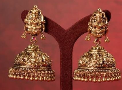 Lakshmi Buttalu Earrings Gold, Nakshi Jhumkas Gold Earrings, Jimki Designs, Nagas Jhumka, Gold Kammalu, Antique Jumka, Lakshmi Earrings, Temple Jewellery Jhumkas, Golden Jhumka