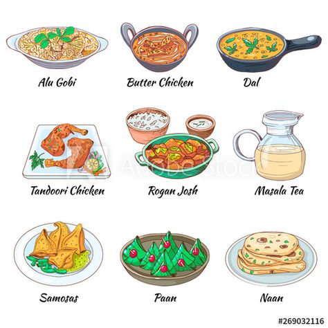 Stock Image: Indian food set. Asian traditional cuisine collection with different dishes and drink. Masala tea and Dal, Butter chicken and alu gobi, samosas and paan  naan. Vector hand drawn illustration. Indian Paan Illustration, Butter Chicken Drawing, Butter Chicken Illustration, Indian Food Drawing Easy, Indian Food Stickers, Indian Food Doodle, Samosa Illustration, Indian Food Drawing, Asian Food Drawing