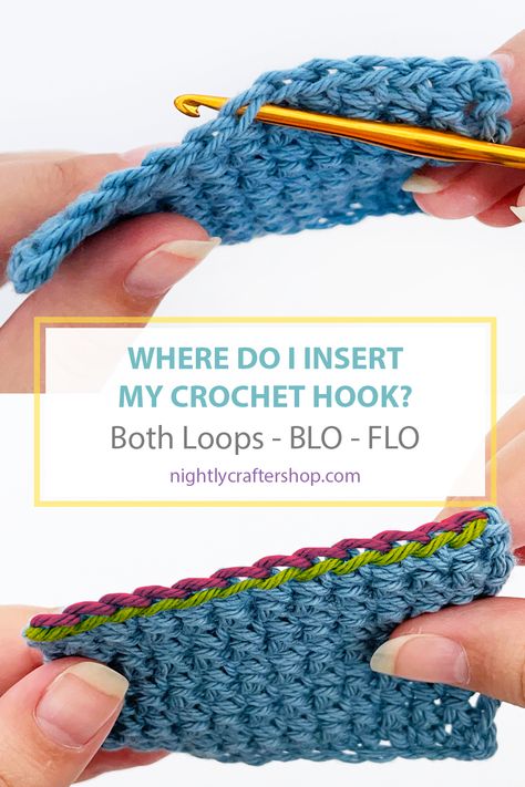 Crochet tutorial about where you should insert your crochet hook. The tutorial includes an explanation about Back Loop Only and Front Loop Only. Single Crochet Front Loop Only, Front Loop Crochet, Front Loop Vs Back Loop Crochet, Back Loop Single Crochet, Front Loop Only Crochet, Back Loop Only Crochet, Crochet Back Loop Only, How To Do Crochet, Craft Hacks