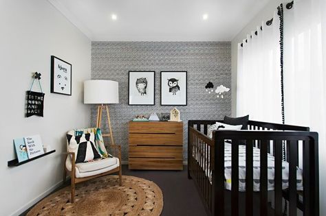 black white and brown kids nursery with feature wallpaper and dark brown cot Nursery Wallpapers, Brown Crib, Brown Nursery, White Wallpapers, Unisex Nursery, Feature Wallpaper, Nursery Theme, Stylish Aesthetic, White Nursery