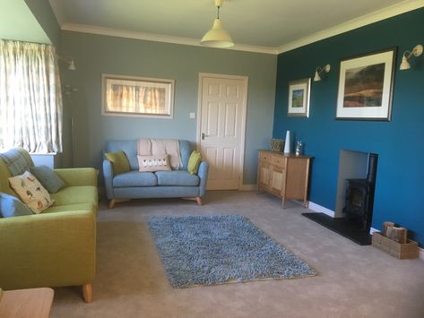 Teal Feature Wall, Green Blue Living Room, Egg Cream, Cream Carpet, Green Lounge, Wall Fires, Little Greene Paint, Blue Living Room, Customer Feedback