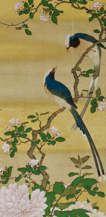 Detail. One of a pair of paintings, Japanese hanging scrolls. A pair of long-tailed birds, prunus blossom and peonies (right), a pair of white birds, cotton roses, gentians and chrysanthemums (left). Ink and colours and gold on silk. Maruyama Okyo (円山応挙).1764-1772. British Museum. Japanese Bird Painting, Maruyama Okyo, Pair Of Paintings, Asian Birds, Watercolour Bird, Tui Bird, Japanese Bird, Japanese Watercolor, White Birds