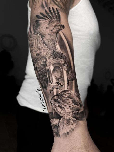 Eagle and snake ready for fighting. This symbolizes the two sides of a conflict, they are both strong and ruthless animals. A battle between the good and the bad, who wins? @moretats_ #animaltattoo #tattoo #tattooideas #tattoolove #tattooinspiration #besttattooartist #animalstattoo #wildanimals #snake #snaketattoo #wildanimaltattoo #eagle #eagletattoo Mexico Eagle And Snake Tattoo, Eagle Snake Tattoo Realistic, Eagle Eating Snake Tattoo, Aztec Eagle Warrior Tattoo, Eagle With Snake Tattoo, Snake Eagle Tattoo, Eagle Snake Tattoo, Eagle And Snake Tattoo, Mexican Eagle Tattoo