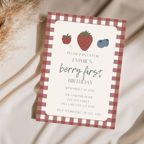 Celebrate your little one's berry first birthday in style! This sweet editable strawberry party invite is perfect for your strawberry birthday invitation. Customizable with your child's name and party details, you will receive access to editable templates on Canva for an invitation. It's the cutest way to invite family and friends to celebrate the berry sweet birthday girl! Berry Birthday Invitation, Berry Sweet Birthday Party, Berry Sweet 1st Birthday, Berry First Birthday Invitation, Theme Board, Berry First Birthday, 1st Birthday Girl, Strawberry Birthday, Strawberry Party