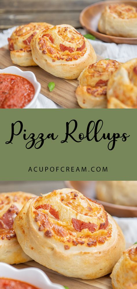 Delicious soft dough loaded with cheese and pepperoni rolled up and cut like a cinnamon roll. Dip in marinara sauce for a perfect pair. acupofcream.com Cinnamon Roll Pizza, Pizza Rollups, Pepperoni Rolls, Pizza Style, Roll Ups, Marinara Sauce, Cinnamon Roll, Marinara, Pizza Recipes