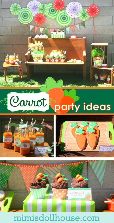 Easter Party...carrot themed:)  Looking for a fun,  kid-friendly Easter party idea?  How about an bright green and orange carrot party?  Check out all the fun details!!! via @mimisdollhouse Carrot Party, Carrot Decor, Easter Creative, Easter Cupcake Toppers, Spring Party Decorations, Easter Party Decor, Easter Carrots, Easter Goodies, Themed Desserts