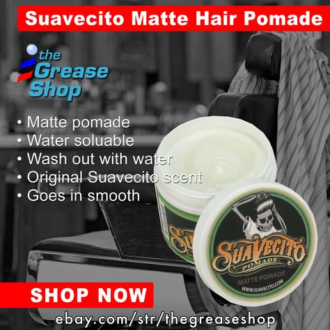 A great water soluable matte finsih pomade from Suavecito. Get some here: https://www.ebay.com/itm/Suavecito-Matte-Pomade/162472018546 #pomade #barbershopsupplies #thegreaseshop #beautysupply #tattoo #barbershop #rockabilly Matte Hair, Hair Pomade, Male Grooming, Beard Grooming, Hair Wax, Normal Hair, Hair Gel, Beard Oil, Light Hair