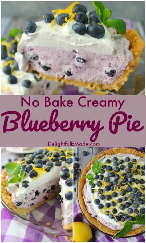 No-Bake Creamy Blueberry Pie | Even easier than pie, this No-Bake Blueberry Pie is the perfect spring and summer dessert! Made with an incredible creamy blueberry filling, this no-bake blueberry dessert is perfect for just about any occasion! Make it for your next grill out, the 4th of July (especially since it's blue and white), or pool party. || Delightful E Made Frozen Berry Pie, Blueberries Recipes, Blueberry Food, Blueberry Cream Pies, Summer Pie, Icebox Pie, Chilled Desserts, Southern Desserts, Delicious Deserts