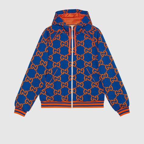 Shop the GG cotton jacquard zip jacket in blue at GUCCI.COM. Enjoy Free Shipping and Complimentary Gift Wrapping. Designer Tracksuits, Designer Sweatshirts, Gucci Outfits, Designer Hoodies, Mens Casual Dress Outfits, Iconic Logo, Blue And Orange, Cotton Hoodie, Men Looks