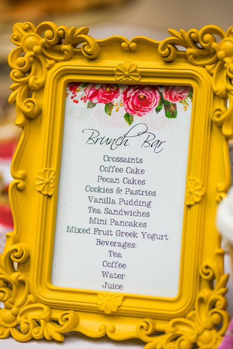 Signage + brunch bar menu from a Garden Tea Birthday Party on Kara's Party Ideas | KarasPartyIdeas.com (15) Small Brunch Menu Ideas, 25 Birthday Brunch Ideas, 25th Birthday Tea Party, Floral Brunch Decor, Princess Brunch Birthday Party, 25th Birthday Brunch Ideas, Princess Brunch, Birthday Brunch Ideas, First Birthday Brunch