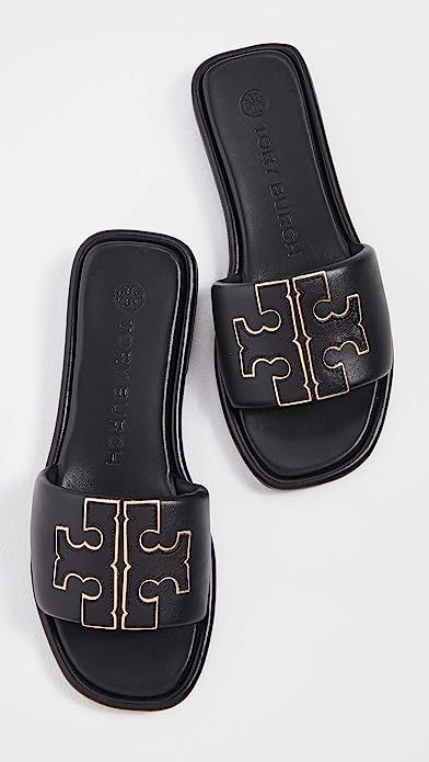 Tory Burch Slides Outfit, Tory Burch Slides, Tory Burch Eleanor, Cute Slides, Pretty Sandals, Sandals Outfit, Tory Burch Sandals, Logo Emblem, Slides Women