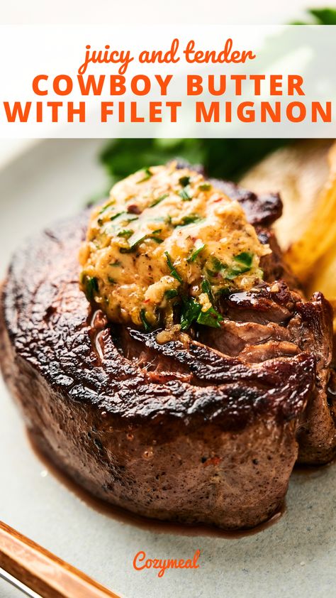 This flavorful cowboy butter with filet mignon is a taste of frontier luxury. These tender, juicy filets deliver a significant flavor payoff with little effort. Best Way To Cook Filet Mignon On Grill, Oven Roasted Filet Mignon, Sauces For Filet Mignon, Stuffed Filet Mignon Recipes, Steak Fillet Recipes, Petite Tender Beef Filet Recipes, Ina Garten Filet Mignon, Fillet Recipes Beef, Marinade For Filet Mignon Steaks