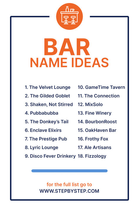 Raise the bar with creative and catchy bar name ideas! Perfect for attracting patrons to your unique and inviting establishment. Bar Names Ideas, Bar Names, Business Name Generator, Army Medic, Bar Business, Meaningful Names, Velvet Lounge, Disco Fever, Raise The Bar