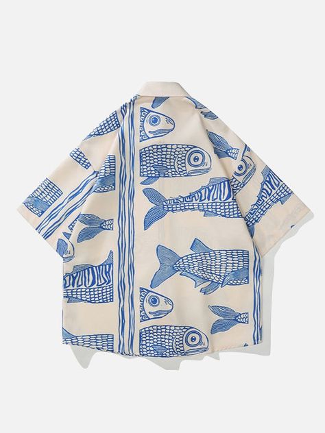 DETAILSMaterial: PolyesterCollar: Square CollarClosure Type: Single BreastedFabric Type: Poplin Traditional Japanese Kimono, Shirt Drawing, Textil Design, Tokyo Street Style, Small Fish, Japanese Streetwear, Fish Print, Style Summer, Japanese Fashion