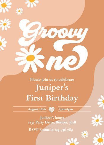 1st birthday invitations Groovy One First Birthday Invitation, Birthday Invitation Template Boy, 1st Birthday Invitation Wording, 1st Birthday Invitation Card, Birthday Invitation Template Girl, Groovy Theme, Daisy Invitations, 10th Birthday Invitation, Groovy One