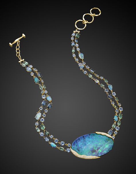 If you want to fall in love with opals (and tourmalines!), look no further than Mimi So's "ZoZo" boulder opal necklace. The necklace, a personal favorite from this year's Couture Design Awards, holds a mesmerizing 147.53-carat boulder opal set with organic pavé diamond detailing. Opal Jewelry Necklace, Boulder Opal Necklace, Couture Design, Tiffany Jewelry, Gorgeous Jewelry, Opal Pendants, Boulder Opal, Opal Necklace, Opal Jewelry