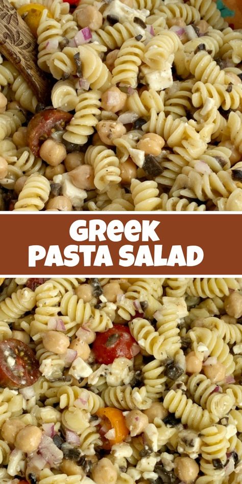 Greek Sidedish, Easy Greek Pasta Salad, Greek Pasta Salad Recipe, Greek Pasta Salad, Greek Vinaigrette, Side Salads, Spiral Pasta, Work Food, Savory Bites