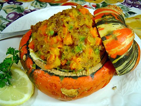 Make and share this Stuffed Turban Squash recipe from Food.com. Stuffed Turban Squash Recipe, Turban Squash Recipe, Turban Squash, Squash Bowl, Surimi Recipes, Buttercup Squash, Stuffed Pumpkin, Acorn Squash Recipes, Baked Squash