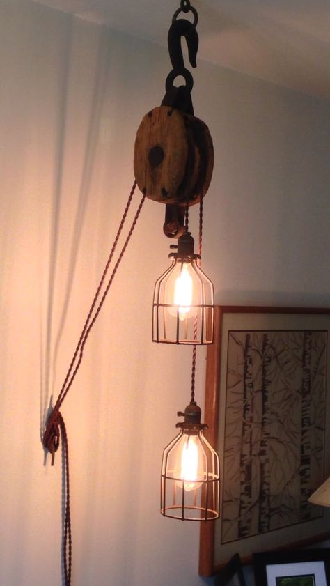 Wooden Ladder Light Fixture, Rustic Pulley Light Fixtures, Antique Pulley Light, Diy Edison Bulb Light Fixture, Vintage Pulley Ideas, Antique Pulley Ideas, Wooden Pulley Ideas, Pulley Light Fixture, Pulley Wall Light