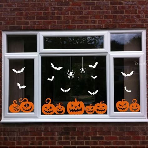 Halloween Window Decor - Etsy Window Decor Halloween, Halloween Window Decor, Diy Halloween Window, Halloween Window Display, Haunted Carnival, Halloween Window Decorations, Halloween Text, Halloween Decals, Homemade Halloween Decorations