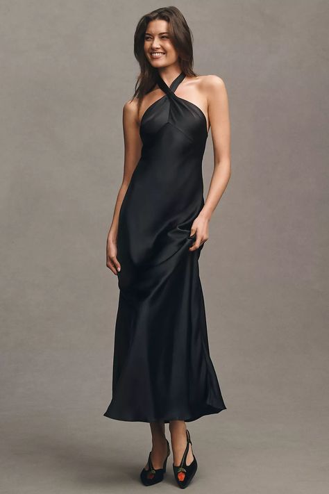 BHLDN Selma Halter-Neck Satin Maxi Dress | Anthropologie Black Tie Optional Wedding Guest Dress, High Neck Dress Formal, Black Tie Optional Wedding, Bhldn Bridesmaid Dresses, Satin Bridesmaid Dress, Midi Dress Elegant, Black Bridesmaid Dresses, Satin Bridesmaid Dresses, Satin Maxi