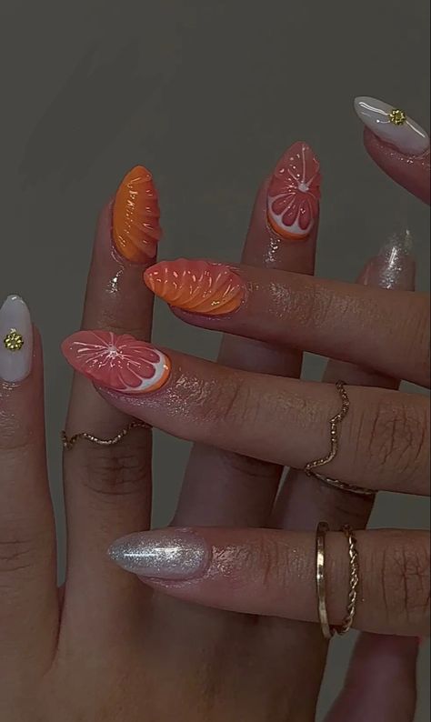 Mani Designs, Bohemian Nails, Fruit Nail Designs, Fruit Nails, Fruit Nail Art, Tropical Nails, Hippie Nails, Short Acrylic, Vacation Nails