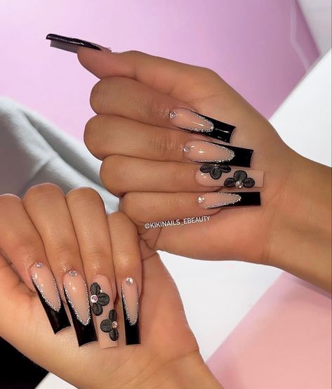 French Gel Nails, Marilyn Nails, Coffin Nail Art, Almond Acrylic Nails Designs, Black Almond Nails, Black Coffin Nails, Tapered Square Nails, Matte Black Nails, Elegant Nail