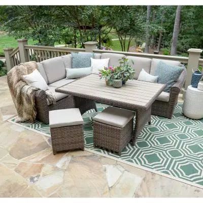 Lowes Patio Furniture, Tan Cushions, Wicker Outdoor Sectional, Deck Decor, Backyard Furniture, Porch Furniture, Outdoor Patio Ideas, Wicker Patio Furniture, Patio Sectional