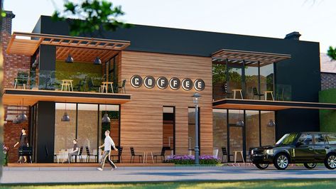 Modern coffee shop exterior design 3d rendering Modern Coffee Shop Exterior, Coffee House Exterior, Coffee Shop Exterior Design, Commercial Exterior Design, Shop Exterior Design, Coffee Shop Exterior, Exterior Perspective, Restaurant Exterior Design, Modern Coffee Shop