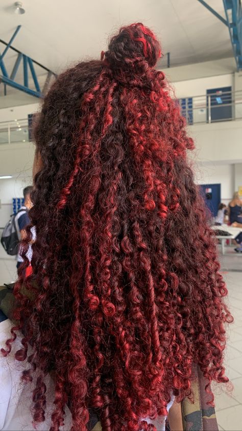 Ombre Red Curly Hair, Red Pintura Highlights Curly, Red Dyed Hair Curly, Brown And Red Curly Hair, Red Coily Hair, Curly Dyed Hair Natural Curls Red, Red Highlights On Curly Hair, Black And Red Curly Hair, Curly Hair Red Highlights