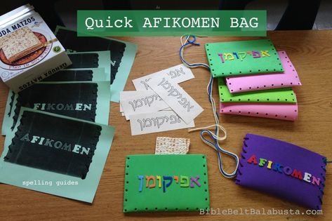 Afikomen bag materials (spelling guide, bag, labels, yarn). The purple one is finished. Pesach Preschool, Passover Preschool, Afikomen Bag, Pesach Crafts, Passover Ideas, Passover Activities, Passover Crafts, Learning Hebrew, Jewish Crafts