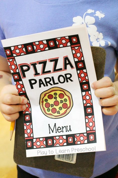 Pizza Menu Pizza Parlor Dramatic Play, Play Pizza Shop, Preschool Pizza, Pizza Station, Pizza Project, Play To Learn Preschool, Jamie White, Kids Kitchen Accessories, Play Preschool