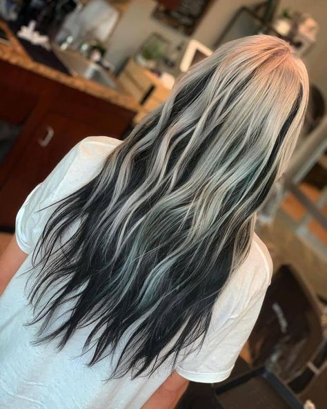 White And Black Baylage Hair, Black Hair White Root, Platinum Silver And Black Hair, Icy Blonde And Black Hair, Black And White Balayage Hair, White To Black Hair Ombre, Silver On Top Black On Bottom Hair, White Ombré Hair, Platinum Blonde Hair With Black Lowlights