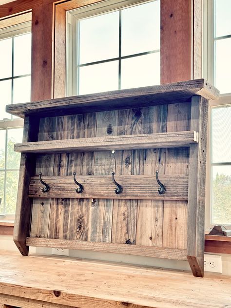 "Beautiful solid barnwood 4-hook hat/coat rack to hang on the wall of an entry, mudroom, garage, hallway!  Dimensions: 34\"H x 37-3/4\"Lx 7-3/4\"D FREE LOCAL PICKUP- SHIPPING CHARGE WILL BE REFUNDED." Coat Rack Wall Entryway, Woodworking Items That Sell, Mudroom Remodel, Rustic Farmhouse Furniture, Old Wood Doors, Diy Coat Rack, Hall Trees, Rustic Coat Rack, Mudroom Decor