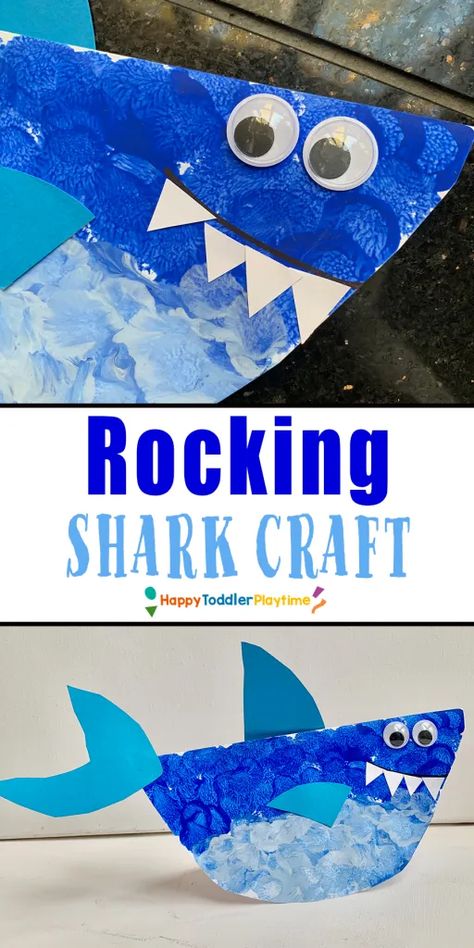 Rocking Shark Craft for Preschoolers - HAPPY TODDLER PLAYTIME Pre K Under The Sea Crafts, Sharks Crafts For Preschool, Lake Crafts Preschool, Shark Art For Preschool, Ocean Art For Preschoolers, Toddler Shark Craft, Kids Shark Craft, Preschool Blue Crafts, Easy Ocean Crafts For Toddlers