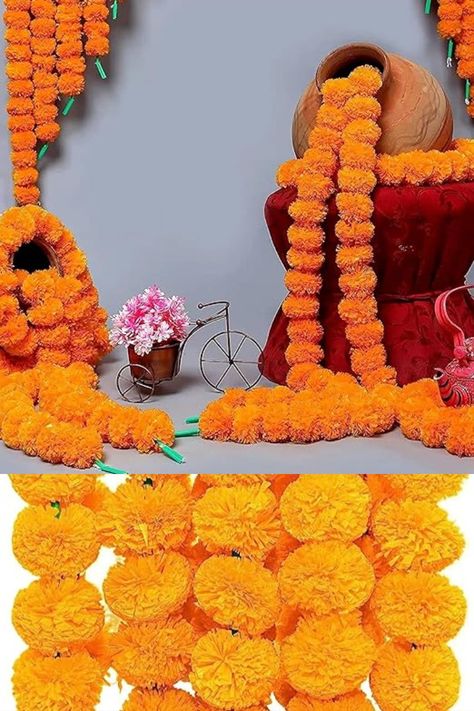 PACKAGE CONTAIN: Set of 5 Marigold Flowers Garland with Golden Bells, allowing you to decorate various areas of your diwali decoration for home. Size: 5 Feet in length. MATERIAL: This Toran Bandhanwar Door Decoration from high-quality, durable materials, these torans closely resemble real marigold flowers while ensuring longevity and an authentic appearance for your Diwali decoration for Home. Lotus Toran, Flower Door Toran, Flower Toran For Diwali, Marigold Flower Toran Designs Doors, Real Flowers Toran For Door, Lotus Bud, Marigold Flower, Diwali Decorations, Garland Decor