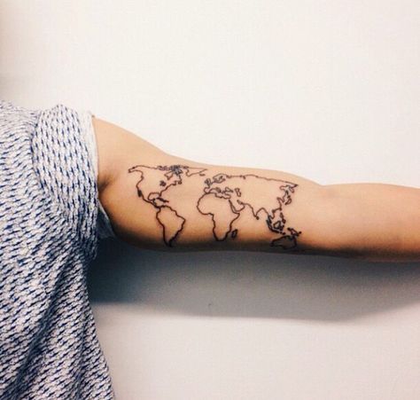 Inner Right Arm World Map Tattoo, World Map Tattoos, Map Tattoo, Inner Bicep Tattoo, Map Tattoos, Bicep Tattoo, World Tattoo, Skin Art, Piercing Tattoo