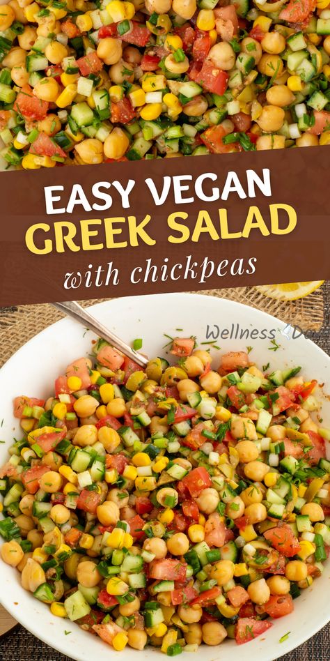 This healthy Chickpea Vegan Greek Salad is easy to make and full of flavor for a quick side dish or a light meal. It is packed with protein, fiber, and colorful veggies. So fresh, juicy and incredibly easy to make, this oil-free salad is one tasty way to stay healthy and happy! Vegan Salad With Chickpeas, Greek Food Vegan, Vegan Greek Salad, Mediterranean Vegan, Vegan Chickpea Salad, Chickpea Vegan, Vegan Salad Dressing Recipes, Dressings Recipes, Colorful Veggies