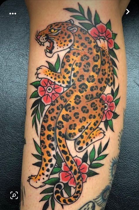 American Traditional Jaguar Tattoo, American Traditional Jaguar, Traditional Jaguar Tattoo, Traditional Tattoo Animals, Traditional Tiger Tattoo, Cheetah Tattoo, Jaguar Tattoo, Backpiece Tattoo, Shin Tattoo