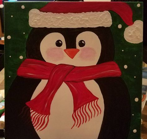 Acrylic painting on canvas, Christmas penguin with scarf and hat. Christmas Canvas Diy Paint, Penguin Christmas Painting, Acrylic Painting Canvas Christmas, Aesthetic Christmas Painting Ideas, Kids Christmas Painting Canvas, Christmas Diy Painting Canvas, Christmas Penguin Painting, Penguin Painting Easy, Painting Christmas Ideas